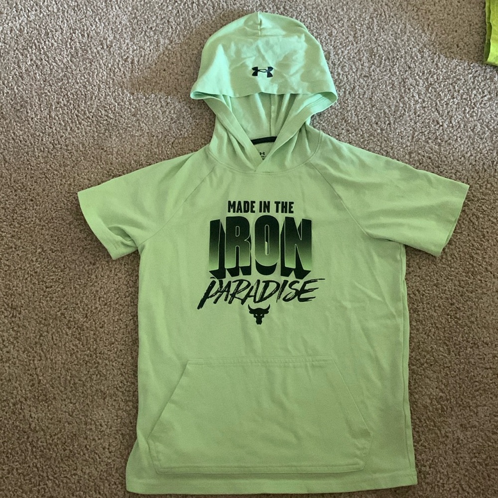 An under Armour, neon green hooded tee.